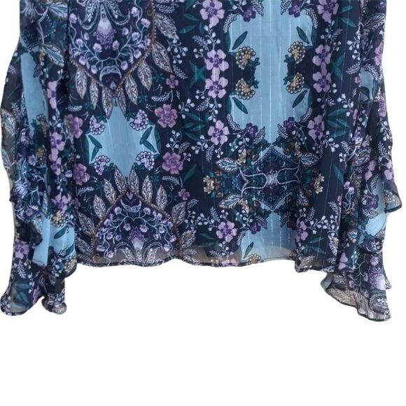 90's Iz Byer Boho Ruffled Bell Sleeve Metallic Threading FLoral Blouse Blue Sz L - Picture 11 of 12